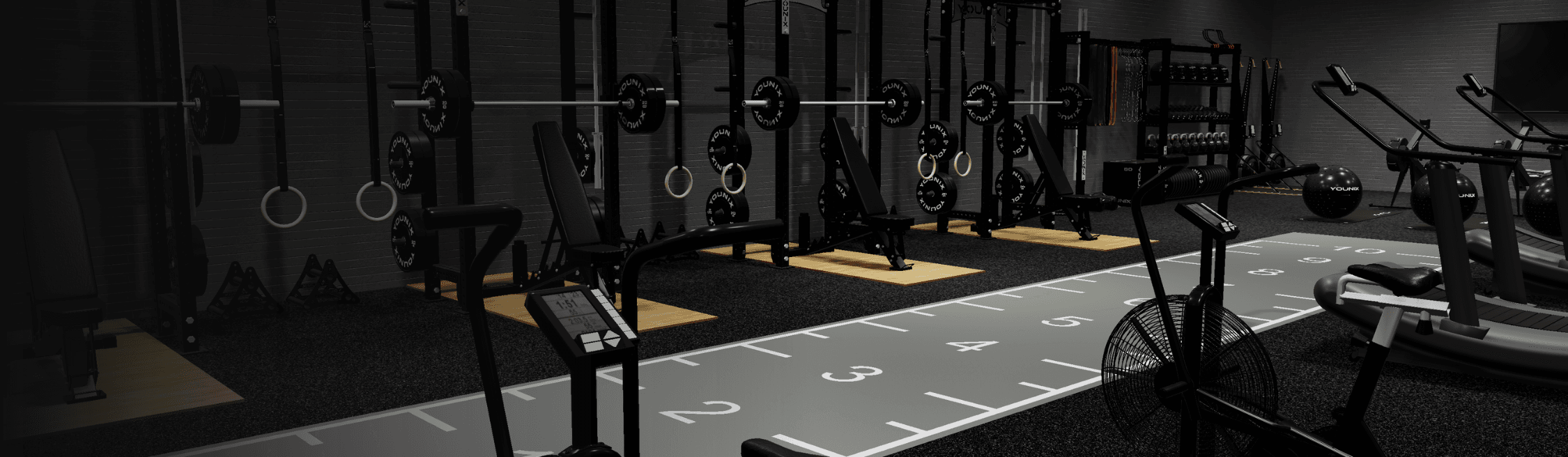 3D gym design visualization showing luxury gym interior layout