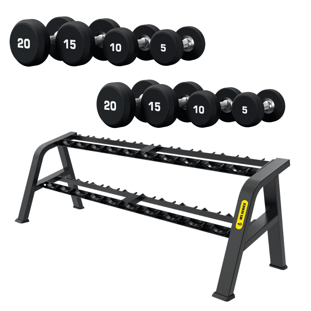 2.5kg to 25kg MaxFit PU Round Dumbbell Set Including Dumbbell Rack