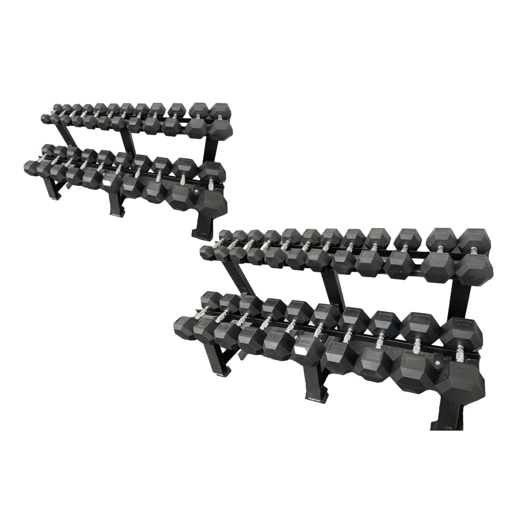 2.5kg - 50kg Hex Dumbbells + 2x 2 Tier Commercial Dumbbell Rack Combo