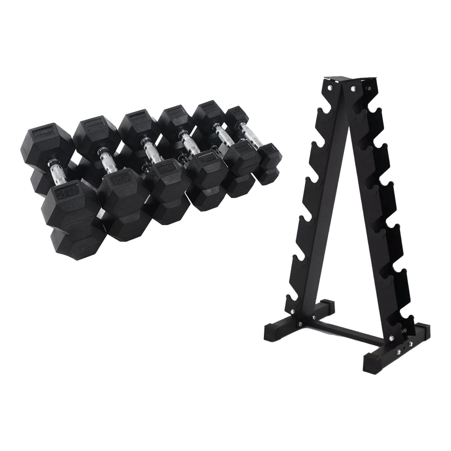 2.5kg - 15kg Hex Dumbbells with A-Frame Dumbbell Rack Combo