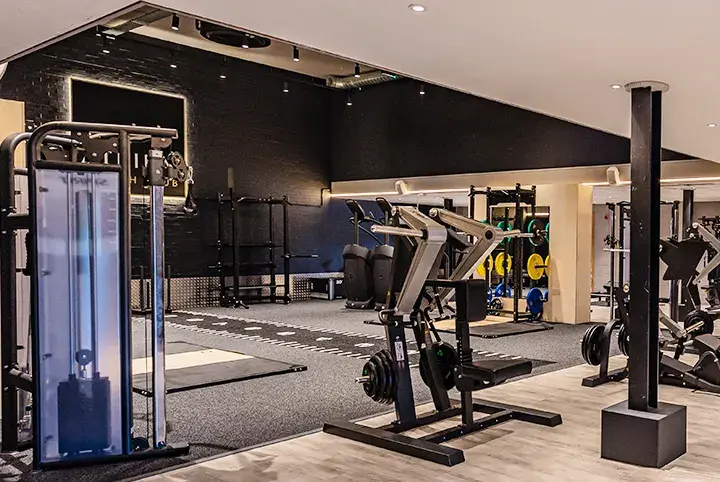 Commercial gym fit-out with heavy-duty racks and plate-loaded machines contrasted with home-grade equipment